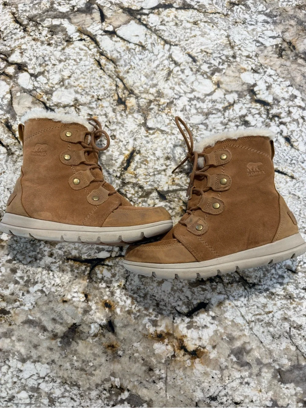 Sorel Women’s Explorer Joan Waterproof Winter Boot in Camel Brown Size 9